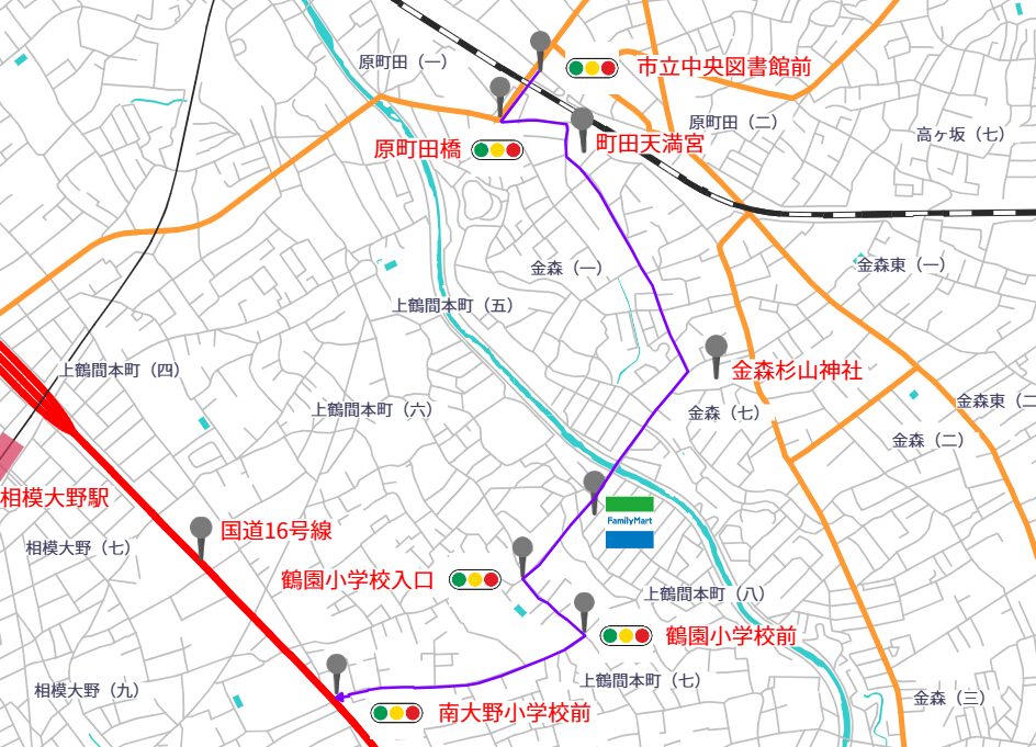 市立中央図書館前 → 矢口陸橋 抜け道ルート